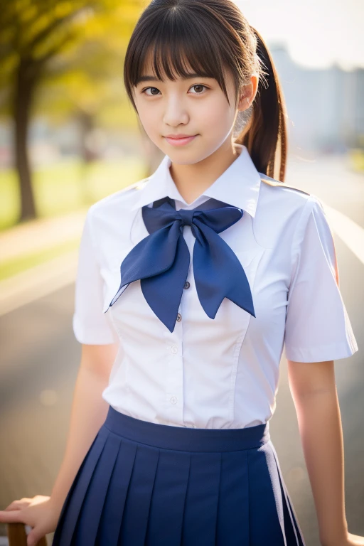 ((masterpiece, highest quality, Full HD, 16k, High resolution :1.3)) ,Super detailed, Japanese female junior high school student, 15 years old ,Huge breasts ,Sailor skirt uniform, (Facing forward:1.2), Cowboy Shot,