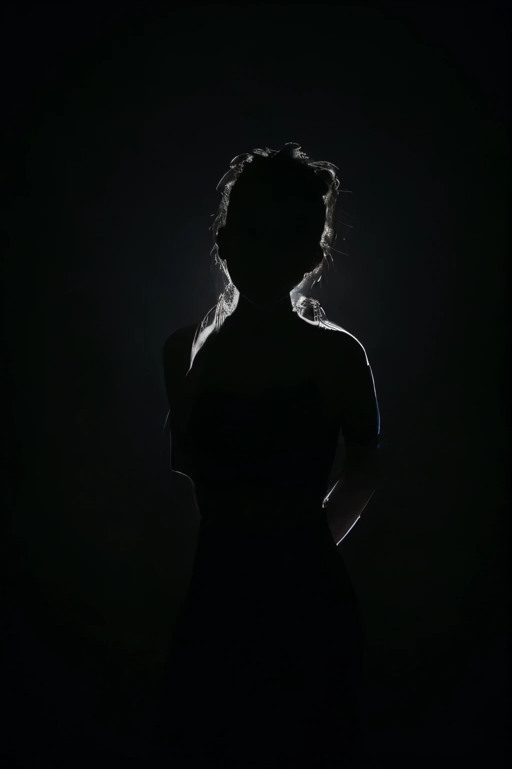 Dive into the depths of the surreal with hyperkraximalism as dark shadows envelop her, pierced only by a piercing rim light that traces the contours of her form. Amidst the darkness, vibrant hues cascade like a waterfall, evoking the fluidity of water and the delicate rustle of leaves. In this medium portrait shot, she stands as a mysterious silhouette against the inky blackness, surrounded by swirling clouds of color that dance in the ethereal glow. Surreal and mesmerizing, this artwork beckons viewers to explore the enigmatic realm where dreams intertwine with reality, illuminated by the flickering light of imagination.