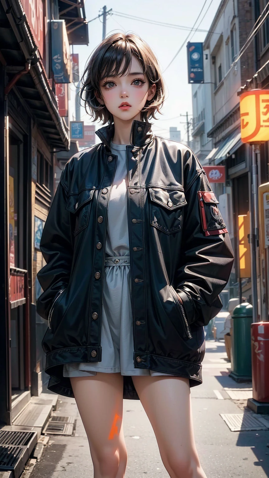 ((Highly detailed CG unit 8K wallpaper, masterpiece, High resolution, highest quality)), Structure from head to thighs:1.3, Upper body focus, 20-year-old woman, short hair, Avant-garde makeup, Hands in pockets pose:1.5, Grunge Fashion:1.2, wear a blouson:1.2, Blurred Background, A colorful, deserted alley, Cinema Lighting, Anime Style, Simple lines, Digital Painting,