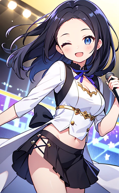 (masterpiece:1.4、top-quality、illustration:1.4,realistic、)、(character focus、breast focus,cowboy shot:1.3)、(1girl),(Open mouth happy smile:1.3),(half closed eyes),cute face,blue eyes、()、
,(stand:1.4),(Shining smile),
,(slender),(idol clothes:1.3),(black middle hair:1.6,forehead:1.3),(hair ribbon1.3), (medium breasts:1.3)、stage
、slender、