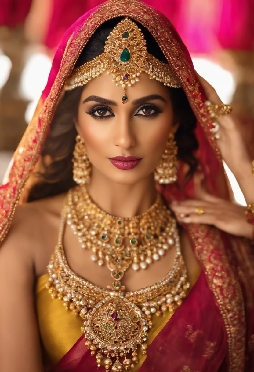 (masterpiece), 4k, high resolution, the best quality, upper body close up, face focus, expressive eyes, perfect face, beautiful details face, ((flawless goddess)), ((ultra detailed jewelry:1.5)), ((indian bridal ornate jeweled headpiece)), ((india gemstone jewelry)), (random hairstyles, shiny hair , beautiful details eyes, glowing eyes, ((forehead jewel)) , (diamond hair orament), thick body, upper and bottom body, pink lips, white nails, mascara, Long eyelashes, jewelry, earring, looking at viewer