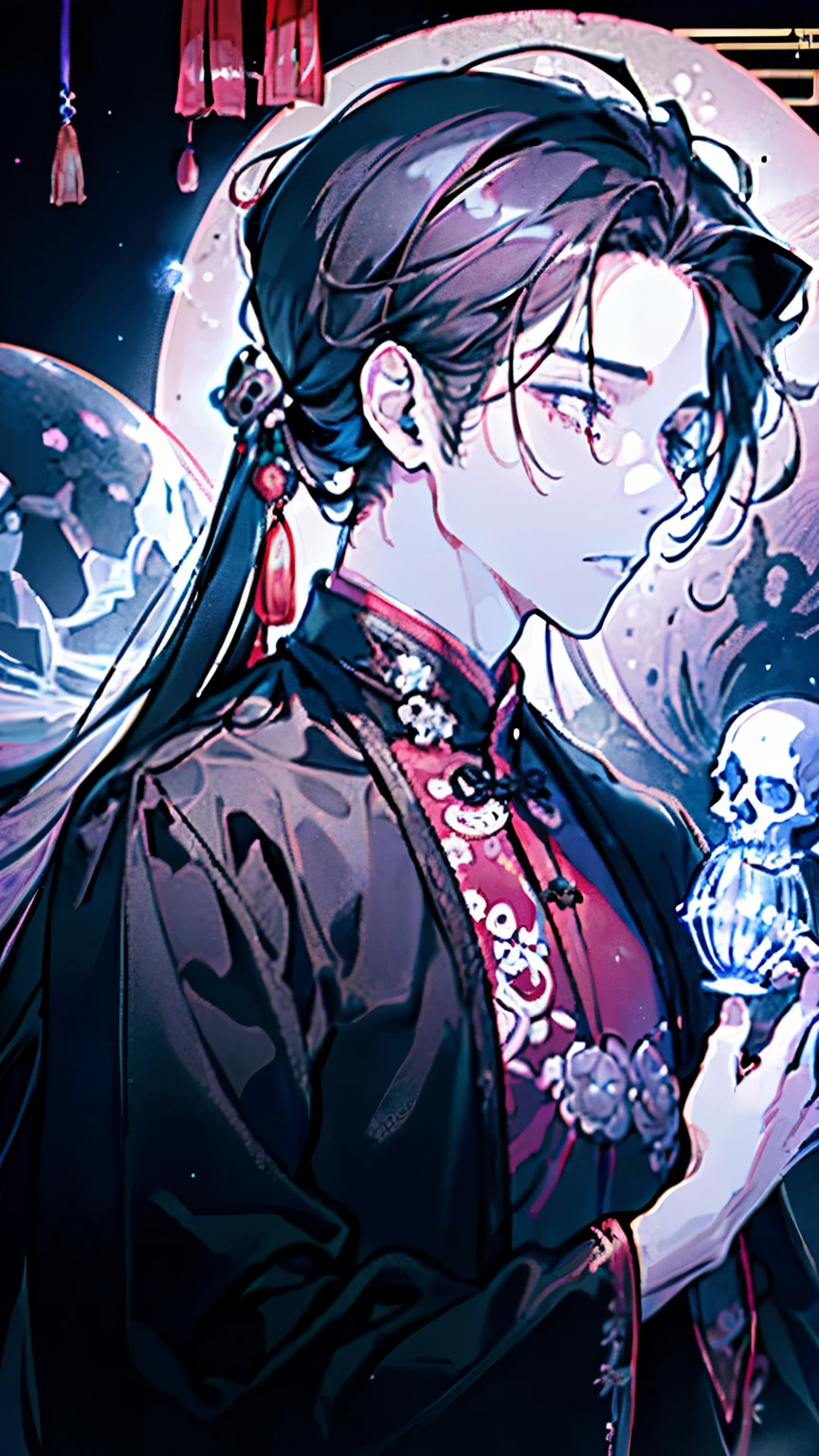 (Two young men around 20 years old:1.25),((Tears flowing:1.25)),((ancient chinese style long-sleeved costume:1.2)),(Long Hair:1.5),(Hair tied up:1.1),(A mysterious atmosphere of black magic),(A space covered in mist:1.2),((Mysterious Skull Crystal:1.3)),(Pink, purple and grey),Illuminated flowers々,(corpse:1.3),(soul:1.3),(kiss:1.4)