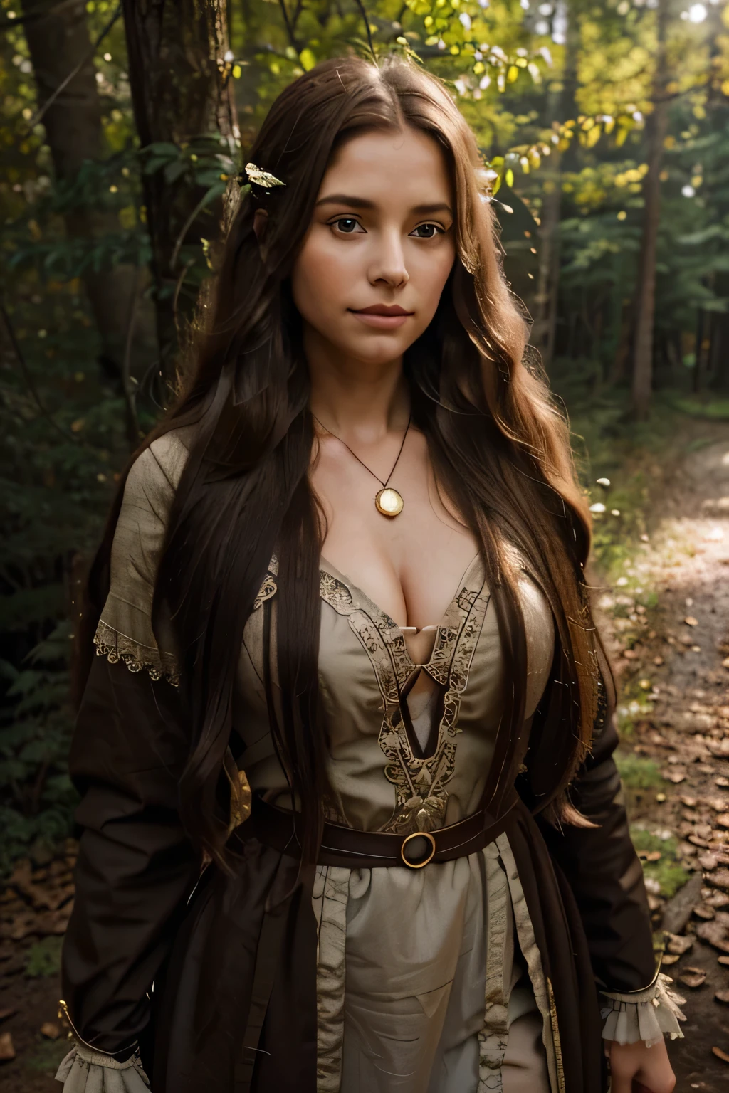a full body photo of a woman with super long hair and a necklace, un pelo muy largo!, a character portrait inspired by Valéria Dénes, Tendencias en la sociedad CG, Renacimiento, rostro perfecto y sombreado realista, personaje femenino, long brown hair weaving elf, rostro restaurado realista, personaje con sonrisa, texturas de piel precisas, dark messiah woman, xana, Brown eyes, al aire libre en el bosque, camino