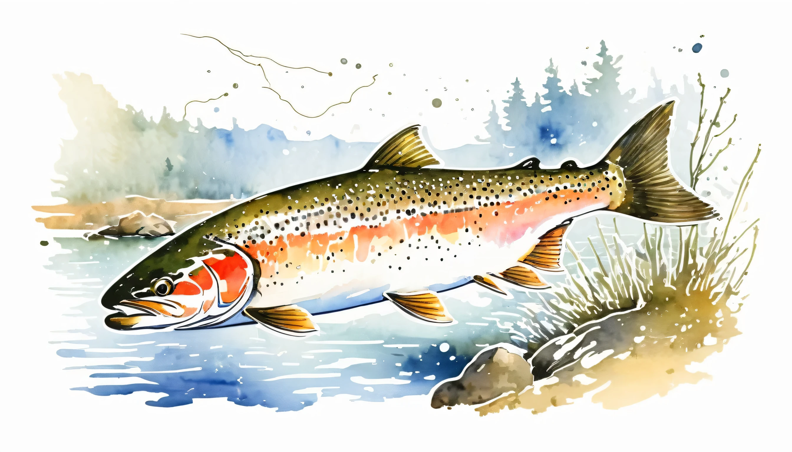 angler、Trout fishing、Masterpiece、Omitted style,Line drawing sketch,Stylish cut, artistic,Scribble style,Clear, bold, thick outlines,,Rough coloring, watercolor painting,