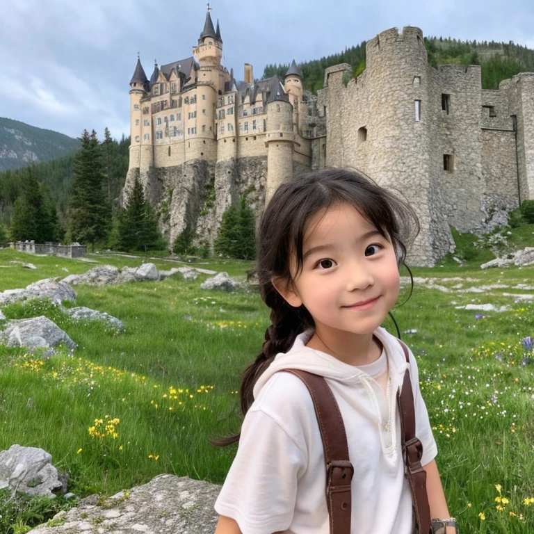 A beautiful and very cute girl is wandering through a magical world where castles and rocky mountains float in the air., the girl is , the girl is baby face