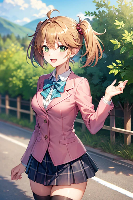 masterpiece, best quality, highres, 1girl, solo, aamazaki, (antenna hair:1.2), medium breasts, blue bowtie, pink jacket, blazer, long sleeves, blue skirt, pleated skirt, rebeccahawkins, green eyes, blonde hair, short hair, ahoge, bangs, twintails, hair bobbles, , necktie, pink jacket, plaid skirt, skirt, short skirt, zettai ryouiki, happy, cowboy shot, outdoors, forest 