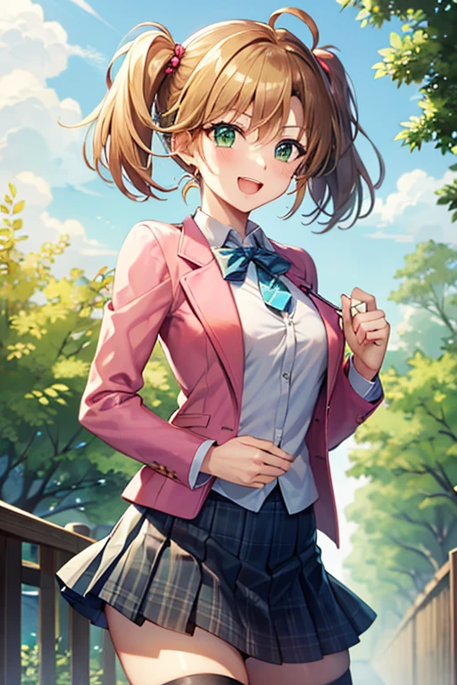 masterpiece, best quality, highres, 1girl, solo, aamazaki, (antenna hair:1.2), medium breasts, blue bowtie, pink jacket, blazer, long sleeves, blue skirt, pleated skirt, rebeccahawkins, green eyes, blonde hair, short hair, ahoge, bangs, twintails, hair bobbles, , necktie, pink jacket, plaid skirt, skirt, short skirt, zettai ryouiki, happy, cowboy shot, outdoors, forest 