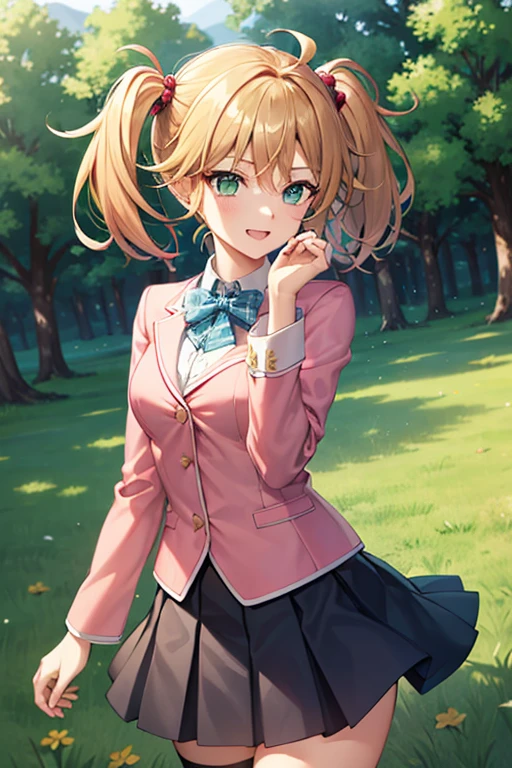 masterpiece, best quality, highres, 1girl, solo, aamazaki, (antenna hair:1.2), medium breasts, blue bowtie, pink jacket, blazer, long sleeves, blue skirt, pleated skirt, rebeccahawkins, green eyes, blonde hair, short hair, ahoge, bangs, twintails, hair bobbles, , necktie, pink jacket, plaid skirt, skirt, short skirt, zettai ryouiki, happy, cowboy shot, outdoors, forest 