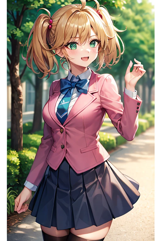 masterpiece, best quality, highres, 1girl, solo, aamazaki, (antenna hair:1.2), medium breasts, blue bowtie, pink jacket, blazer, long sleeves, blue skirt, pleated skirt, rebeccahawkins, green eyes, blonde hair, short hair, ahoge, bangs, twintails, hair bobbles, , necktie, pink jacket, plaid skirt, skirt, short skirt, zettai ryouiki, happy, cowboy shot, outdoors, forest 