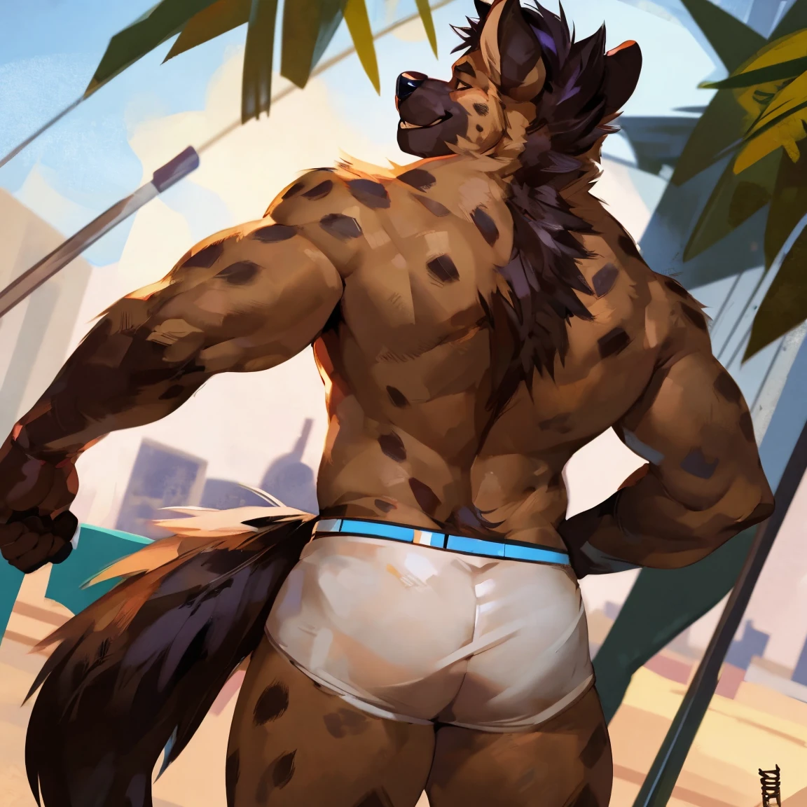 Hyena, shirtless, white underwear, hyena tail, from back, back vision, By mystikfox61