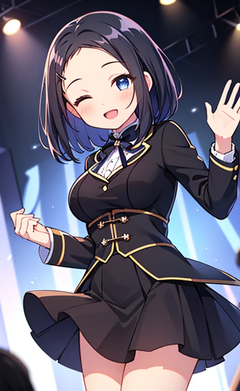 (masterpiece:1.4、top-quality、illustration:1.4,realistic、)、(character focus、breast focus,cowboy shot:1.3)、(1girl),(Open mouth happy smile:1.3),(half closed eyes),cute face,blue eyes、()、
,(stand:1.4),(Shining smile),
,(slender),(idol clothes:1.3),(black middle hair:1.6,forehead:1.3),(hair ribbon1.3), (medium breasts:1.3)、stage
、slender、