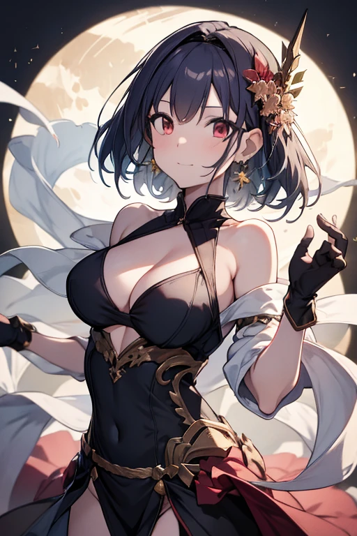 yor briar, anime style beutiful woman, 1girl, happy, sexy pause,(with sparkling eyes and a contagious smile:0.9),red face, closed mouth, beautiful detailed eyes, super detailed skin, backlighting, bare shoulders, black background, black dress, black gloves, black hair, breasts, dress, earrings, fingerless gloves, floating hair, floral print, flower, gloves, gold earrings, gold hairband, hair flower, hair ornament, hairband, holding, holding weapon, jewelry, large breasts, long hair, looking at viewer, off-shoulder dress, off shoulder,red eyes, short hair with long locks, sidelocks, solo, spikes, thighs, two-sided dress, two-sided fabric, weapon, fighting stance , face, close up, from above, highest quality, looking at viewer,high resolution.