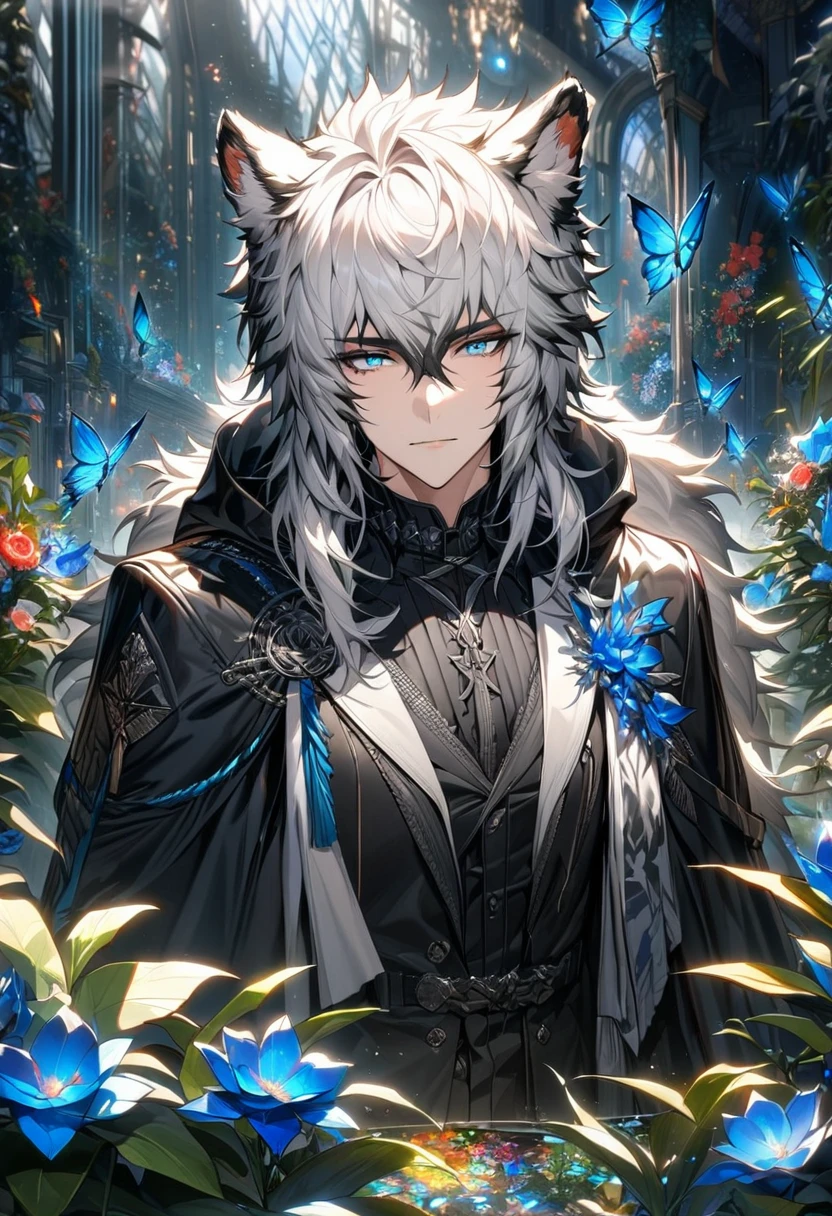 (absurdres, highres, ultra detailed, HDR) master piece, best quality, perfect face, Silverash, white hair with black bangs, vibrant blue eyes, white tiger ears, Arknights, solo, man, handsome, black clothes, black cape, glass flowers, glass petals, glass butterflies, glass garden, glass, everything made of glass