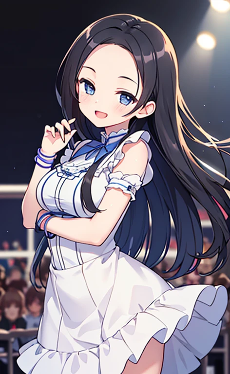 (masterpiece:1.4、top-quality、illustration:1.4,realistic、)、(character focus、breast focus,cowboy shot:1.3)、(1girl),(Open mouth happy smile:1.3),(half closed eyes),cute face,blue eyes、()、
,(stand:1.4),(Shining smile),
,(slender),(idol clothes:1.3),(black middle hair:1.6,forehead:1.3),(hair ribbon1.3), (medium breasts:1.3)、stage
、slender、