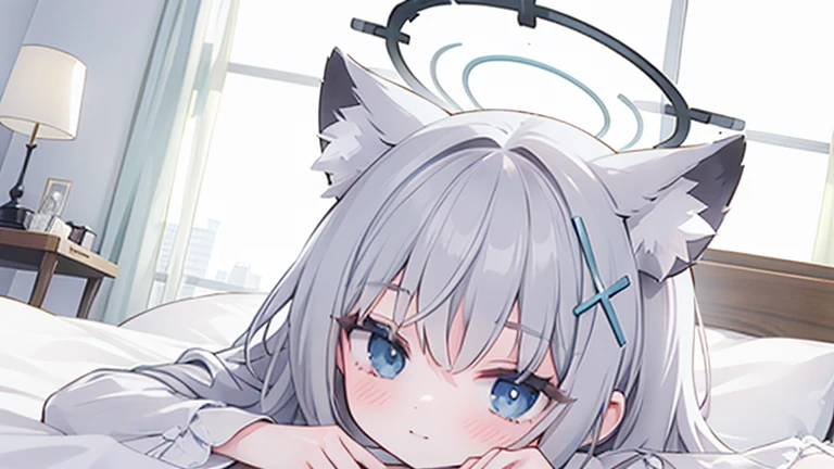 shiroko_bluearchive,beast ears,looking at viewer, little smile,slim, dizzy, big-chest, wide hips, perfect waist, day atmosphere, hair ornament,lying on bed