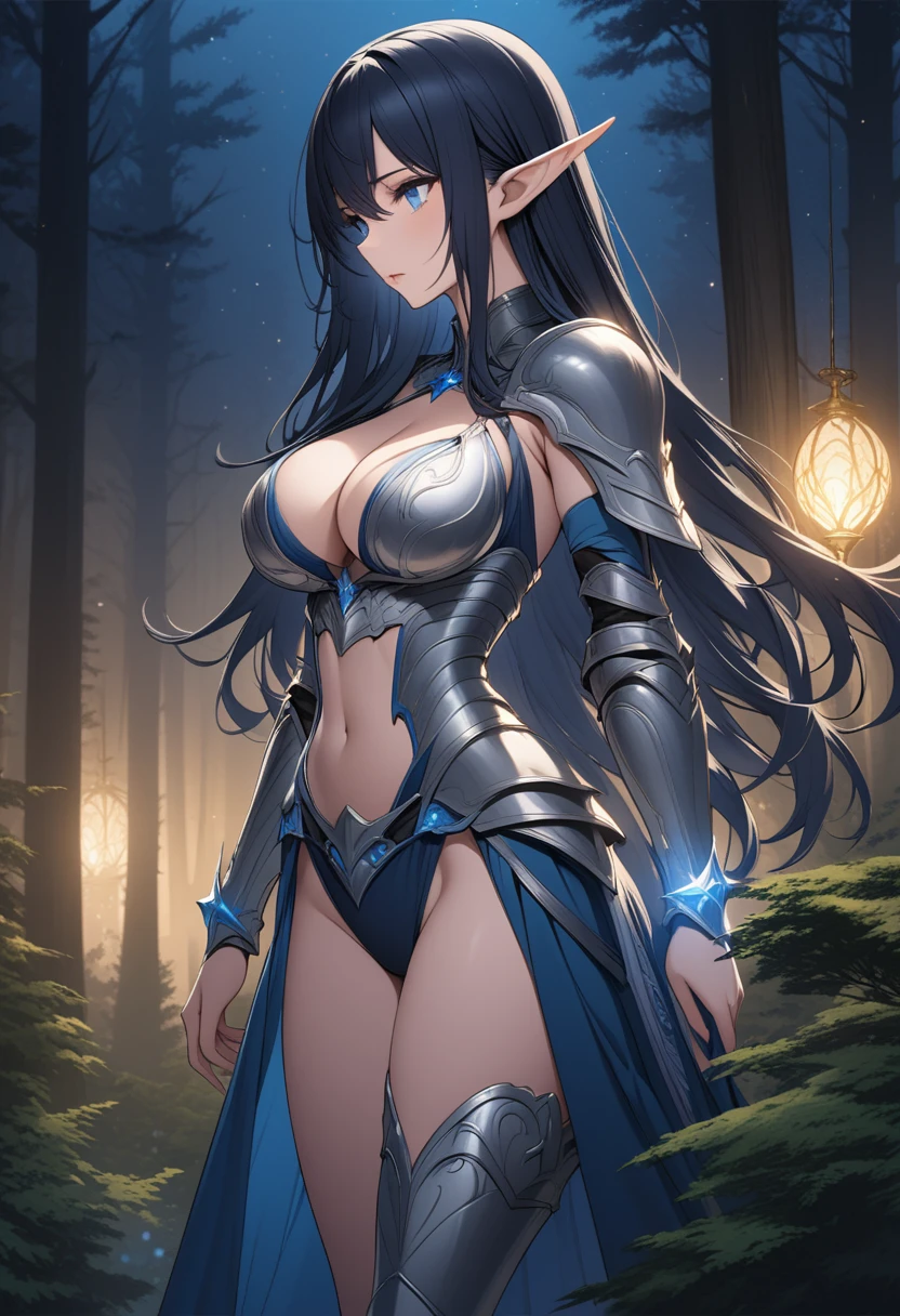 detailed illustration, ultra-detailed, illustration, forest, night, starlight, trees, elf, black-blue hair, long hair, large breasts, blue and silver armor, thighs, cleavage, blue eyes, brilliant eyes, from the side, sorceress