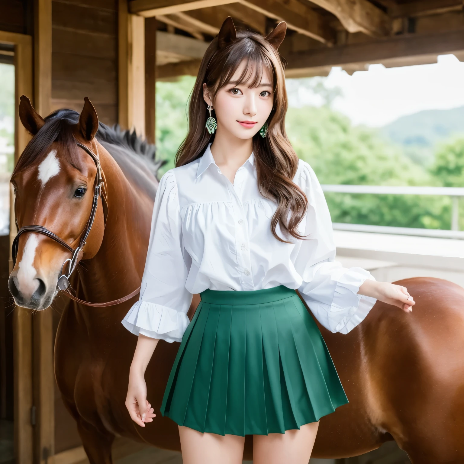 ((Best quality, 8K, masterpiece: 1.3)), One beautiful Japanese girl, Alone, Umamusume style, Horse girl, Earrings shaped like horse ears, Long horse tail, Brown eyes, Chestnut brown hair, Long wavy hair, Gentle smile, Earring arch, Green pleated skirt with frills, High-waisted green sai, Short puffy sleeves, Detailed and slender figure (delgado), (Japanese: 0.8)

Imagine a stunning Japanese girl, standing solo in the best quality, 8K resolution, masterpiece. Her unique Umamusume style represents her as a horse girl. She