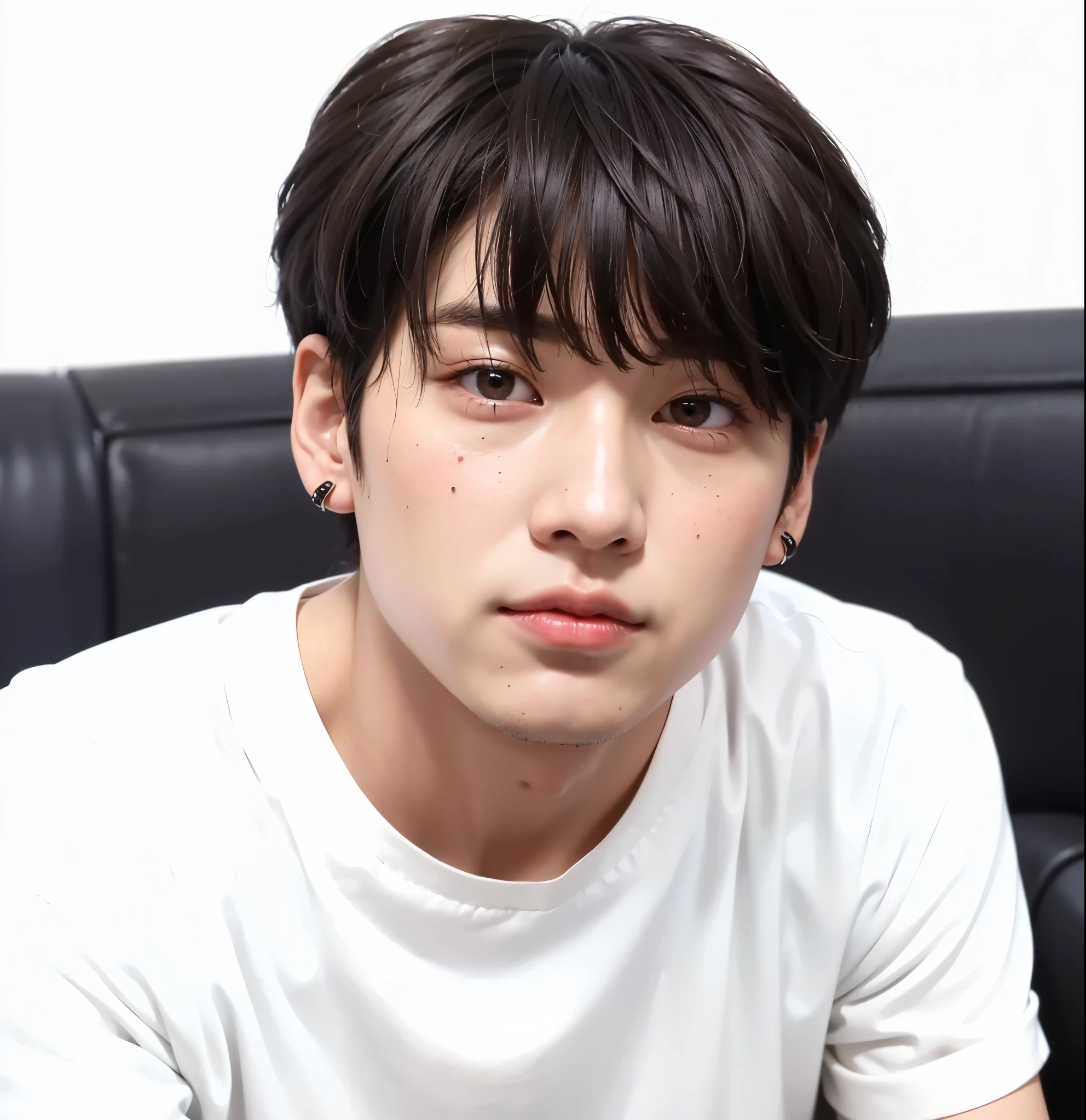 arafed man with a white shirt and a black chair, jungkook, cai xukun, wan adorable korean face, taejune kim, hyung tae, jimin\'s right eyelid swollen, jimin\'s plump lips, kim doyoung, park jimin, jimin, wry smirk, ten lee, accurate jimin face, headshot profile picture, innocent look