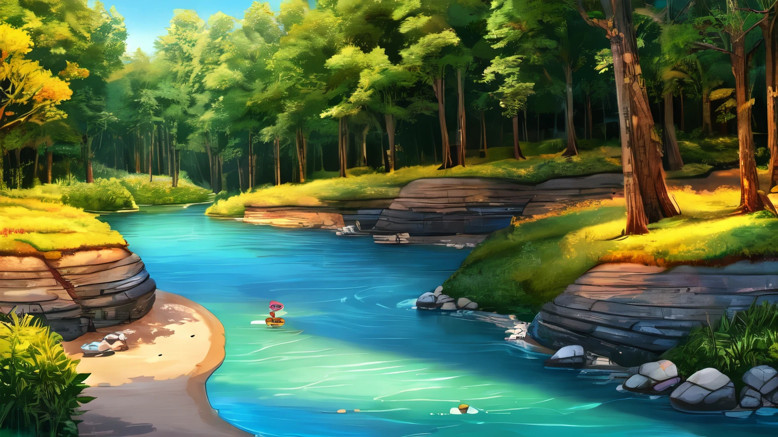 A big river in the forest,Sunshine on the river,There are many small stones by the river。Stick figure style for children