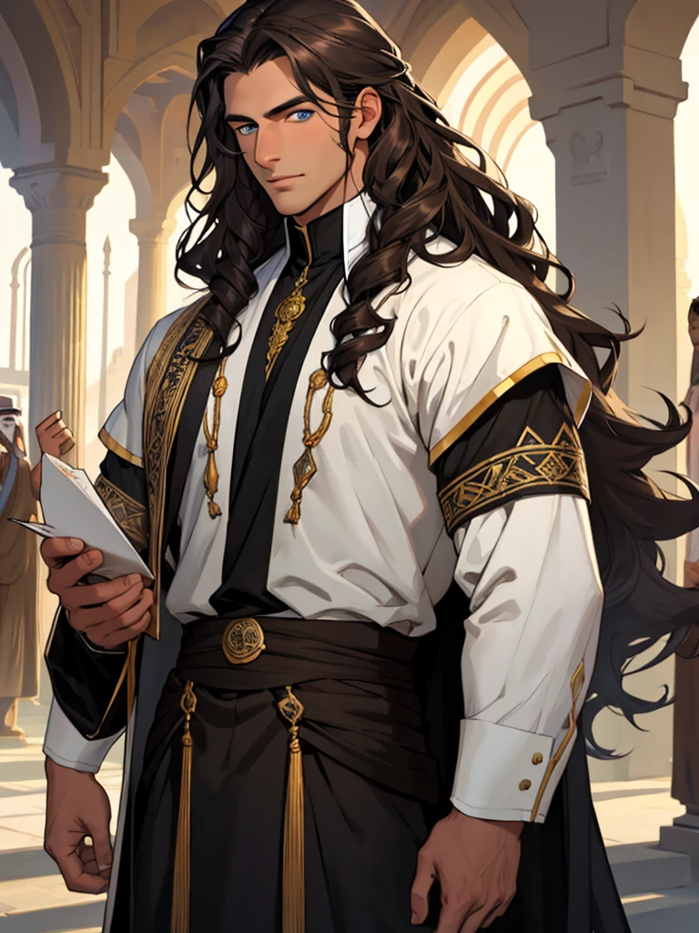 A tall, handsome young man with chocolate curly long hair, blue eyes, chocolate curly long hair, clean-shaven face, dressed in the clothes of Arab sheikhs. Masterpiece, perfect image, realistic pictures, detailed study of faces, full-length image, 8k, detailed image. extremely detailed illustration, a real masterpiece of the highest quality, with careful drawing.