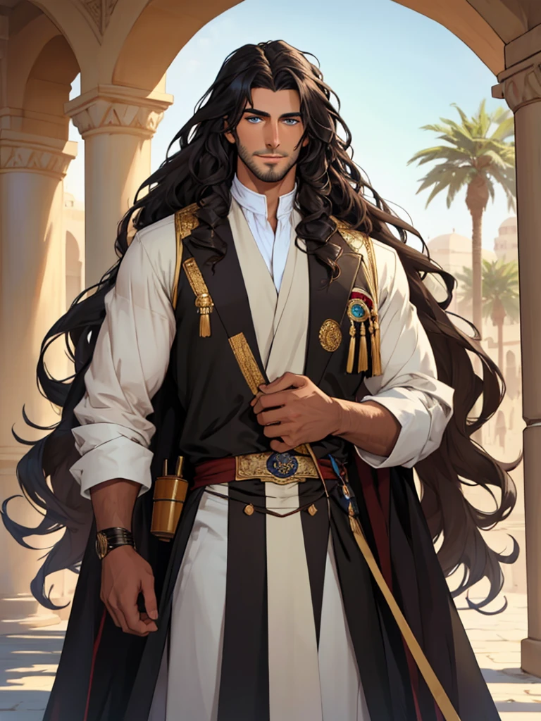 A tall, handsome young man with chocolate curly long hair, blue eyes, chocolate curly long hair, clean-shaven face, dressed in the clothes of Arab sheikhs. Masterpiece, perfect image, realistic pictures, detailed study of faces, full-length image, 8k, detailed image. extremely detailed illustration, a real masterpiece of the highest quality, with careful drawing.