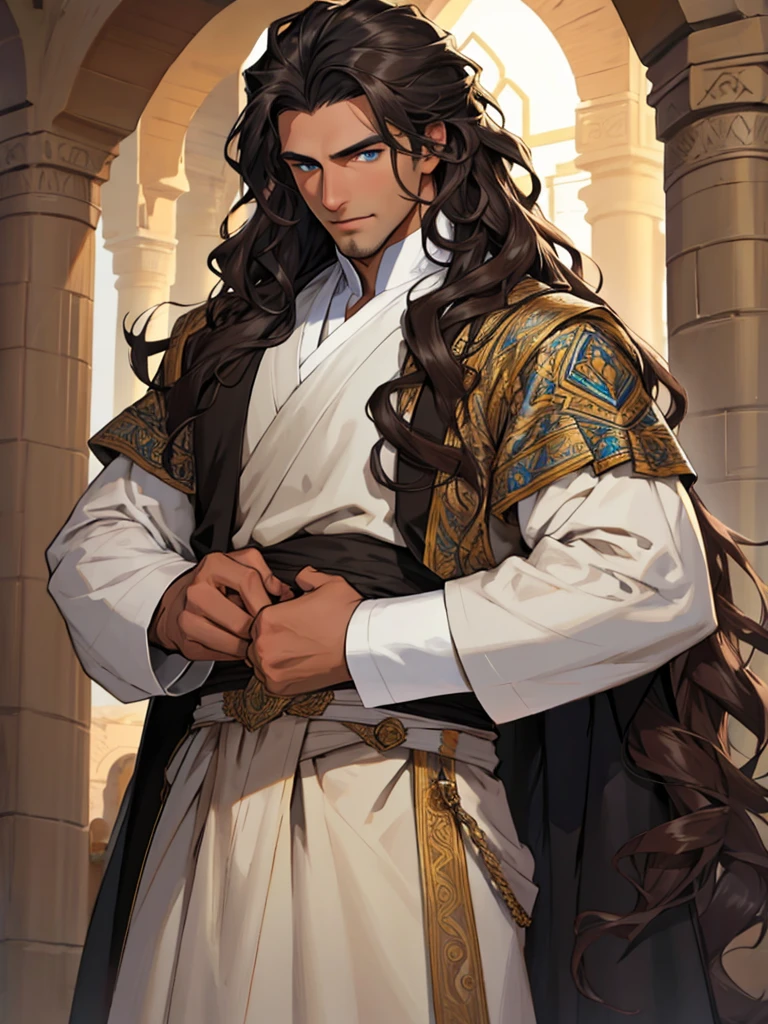 A tall, handsome young man with chocolate curly long hair, blue eyes, chocolate curly long hair, clean-shaven face, dressed in the clothes of Arab sheikhs. Masterpiece, perfect image, realistic pictures, detailed study of faces, full-length image, 8k, detailed image. extremely detailed illustration, a real masterpiece of the highest quality, with careful drawing.