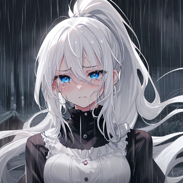 (High resolution,highest quality,masterpiece,wonderful)White Hair,Long Hair,ponytail,Blue Eyes,Sharp Eyes,In heavy rain,Tears,Sad expression,I'm devastated,dress,In the ruins,rubble,Blood splatter,Bloody,sad,
