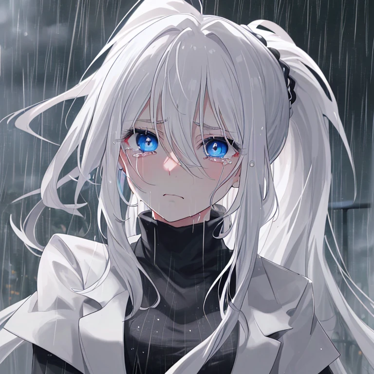 (High resolution,highest quality,masterpiece,wonderful)White Hair,Long Hair,ponytail,Blue Eyes,Sharp Eyes,In heavy rain,Tears,Sad expression,I&#39;m devastated,dress,In the ruins,rubble,Blood splatter,Bloody,sad,