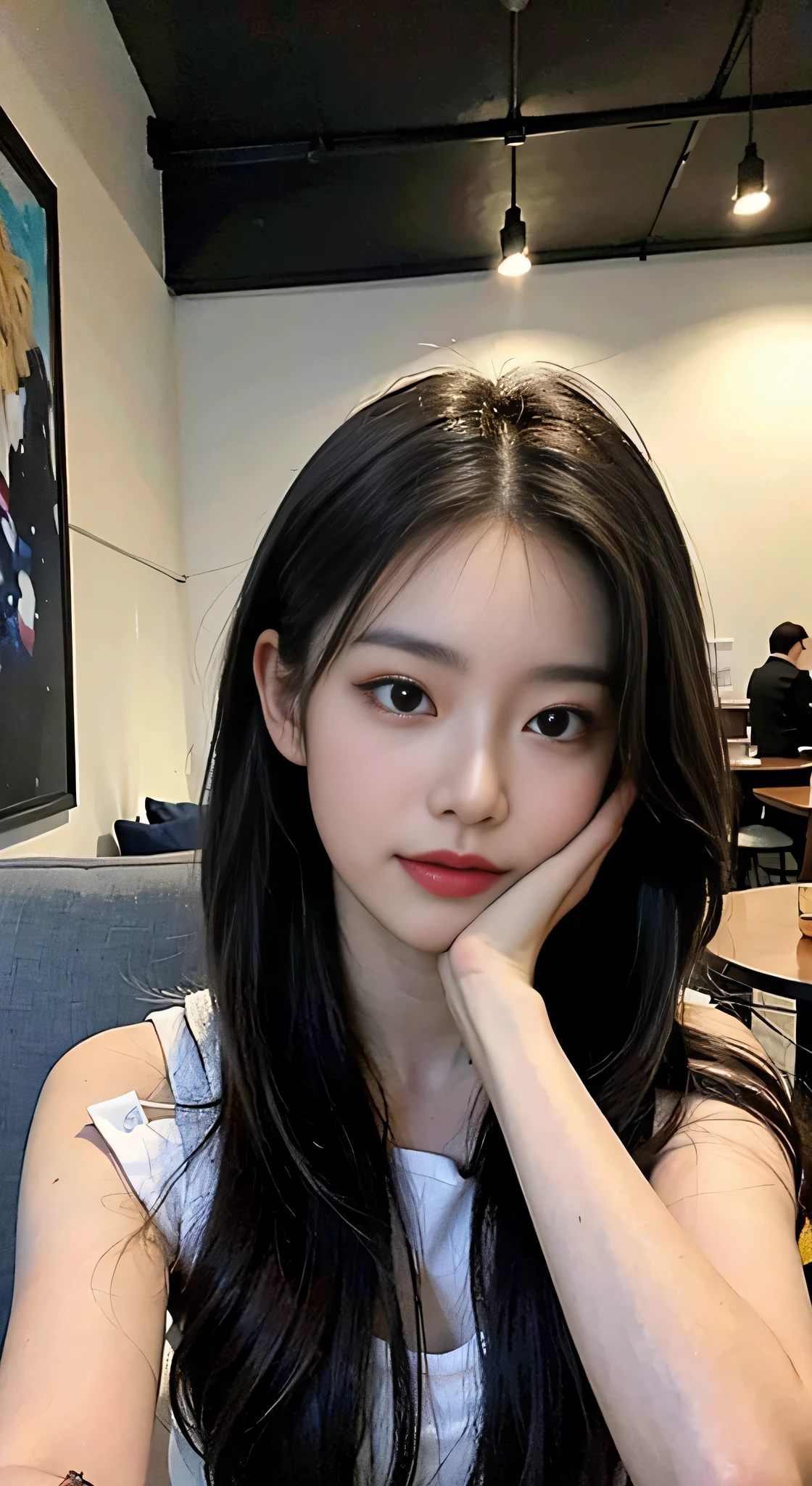 Ultra detail, Highres, (realistice，, realistice，:1.4), 8k, (beste Quality), physical-based rendering, Realistic pictures, professional color grading, highest quality, ((highest quality)), ((masterpiece)), ((realistice，)), Portrait of a woman with long straight hair sitting in a cozy café enjoying a cup of coffee. This picture is、Soft lighting captures the warmth and atmosphere of the environment. Artist Vincent van Gogh、Through vibrant and dynamic lighting、Bring his distinctive impressionist style to life. The medium used is oil on canvas, which ensures high-quality detailed expression. It is rich in color and expressive, creating realistic and captivating scenes. A masterpiece depicting the tranquility and beauty of the subject。, capturing the moment perfectly. Eye level, Landscapes, masterpiece