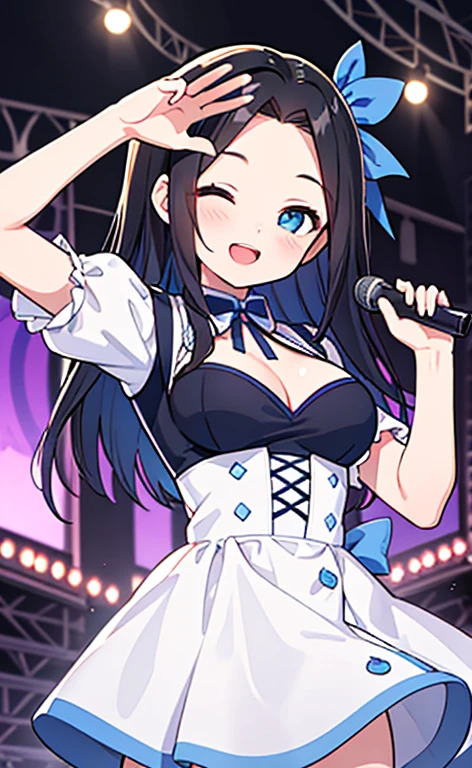 (masterpiece:1.4、top-quality、illustration:1.4,realistic、)、(character focus、breast focus,cowboy shot:1.3)、(1girl),(Open mouth happy smile:1.3),(half closed eyes),cute face,blue eyes、()、
,(stand:1.4),(Shining smile),
,(slender),(idol clothes:1.3),(black middle hair:1.6,forehead:1.3),(hair ribbon1.3), (medium breasts:1.3)、stage
、slender、