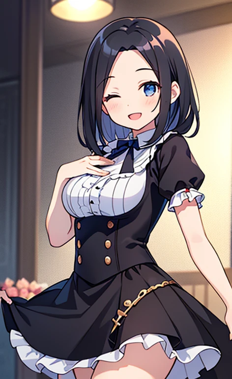 (masterpiece:1.4、top-quality、illustration:1.4,realistic、)、(character focus、breast focus,cowboy shot:1.3)、(1girl),(Open mouth happy smile:1.3),(half closed eyes),cute face,blue eyes、()、
,(stand:1.4),(Shining smile),
,(slender),(idol:1.3),(black short hair hair:1.6,forehead:1.3),(braid:1.3), (medium breasts:1.3)、
、slender、