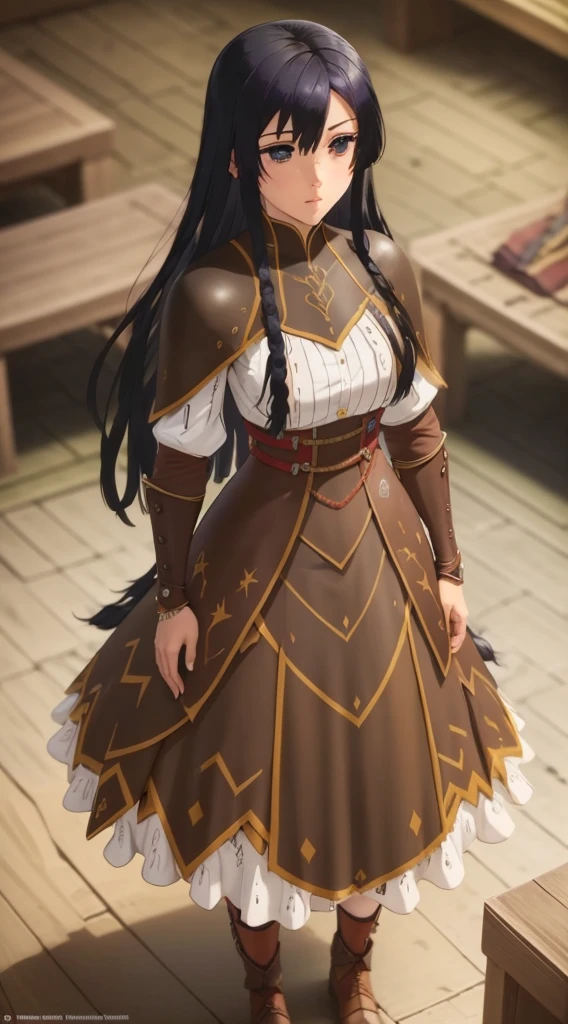 high quality, highly detailed,A young woman with long, curly black hair, with a determined gaze and a confident stance, wears armor inspired by the universe of Skyrim. Each piece of the armor, meticulously crafted, reflects the light as if forged by skilled artisans of Tamriel. Her eyes gleam with the promise of adventure as she wields a sword, ready to face the challenges that await beyond the horizons of Skyrim. Around her, a breathtaking landscape of mountains and forests, where dragons soar and ancient secrets await to be discovered. What is the journey of this young warrior? What epic destinies is she destined to achieve in this vast and magical world?