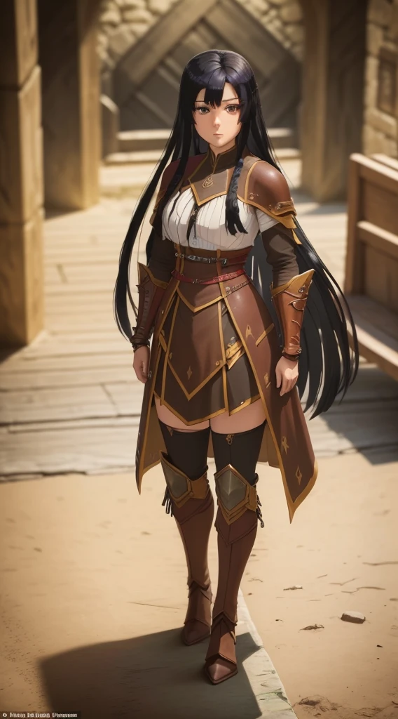 high quality, highly detailed,A young woman with long, curly black hair, with a determined gaze and a confident stance, wears armor inspired by the universe of Skyrim. Each piece of the armor, meticulously crafted, reflects the light as if forged by skilled artisans of Tamriel. Her eyes gleam with the promise of adventure as she wields a sword, ready to face the challenges that await beyond the horizons of Skyrim. Around her, a breathtaking landscape of mountains and forests, where dragons soar and ancient secrets await to be discovered. What is the journey of this young warrior? What epic destinies is she destined to achieve in this vast and magical world?