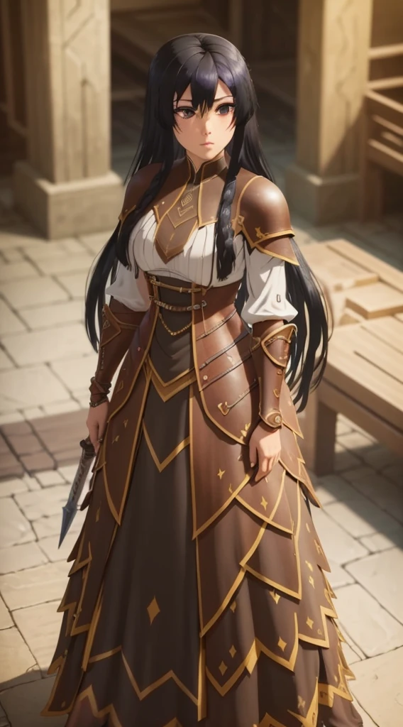 high quality, highly detailed,A young woman with long, curly black hair, with a determined gaze and a confident stance, wears armor inspired by the universe of Skyrim. Each piece of the armor, meticulously crafted, reflects the light as if forged by skilled artisans of Tamriel. Her eyes gleam with the promise of adventure as she wields a sword, ready to face the challenges that await beyond the horizons of Skyrim. Around her, a breathtaking landscape of mountains and forests, where dragons soar and ancient secrets await to be discovered. What is the journey of this young warrior? What epic destinies is she destined to achieve in this vast and magical world?