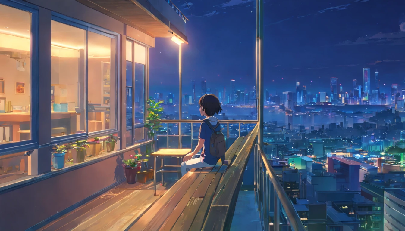 A girl sitting on the balcony. , sentir y ver la vista exterior  , enfocando la ciudad por la noche  ,Al estilo del arte de los juegos 2D. ,barbilla 50, con auriculares en la oreja , listing the song  , Noche, ColouComplete animation skills, with a dog sitting next to the 
