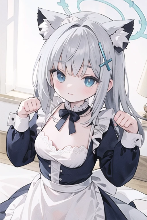 shiroko_bluearchive,beast ears,looking at viewer, little smile,pure white maid dress, maid, slim, dizzy, big-chest, wide hips, perfect waist, day atmosphere, hair ornament,paw pose