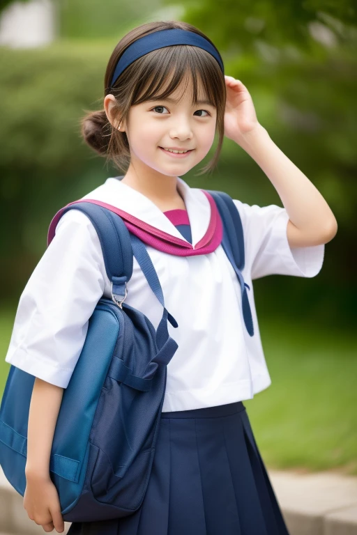 (masterpiece,highest quality,超A high resolution),Japanese women, Very beautiful 10 year old girl, Ubu no Girl、(Perfect limbs、Perfect Anatomy),((Bob Hair,hair band)).Cute Sailor Uniform、Short-sleeved sailor uniform、Navy Blue Skirt、pure white、Beautiful Skin、Watery eyes、Sparkling brown hair、The colors and landscapes of youth、Feeling of love、huge 、A shy smile、go to school、morning,(((Carry a school bag)))