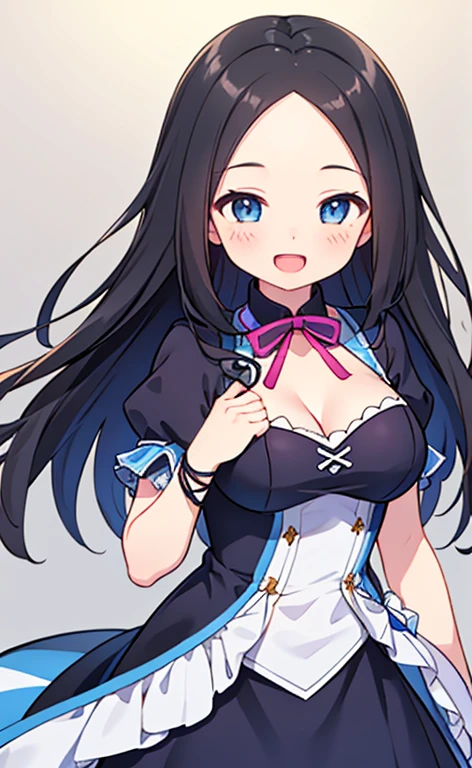 (masterpiece:1.4、top-quality、illustration:1.4,realistic、)、(character focus、breast focus,cowboy shot:1.3)、(1girl),(Open mouth happy smile:1.3),(half closed eyes),cute face,blue eyes、()、
,(stand:1.4),(Shining smile),
,(slender),(idol clothes:1.3),(black middle hair:1.6,forehead:1.3),(hair ribbon1.3), (medium breasts:1.3)、stage
、slender、