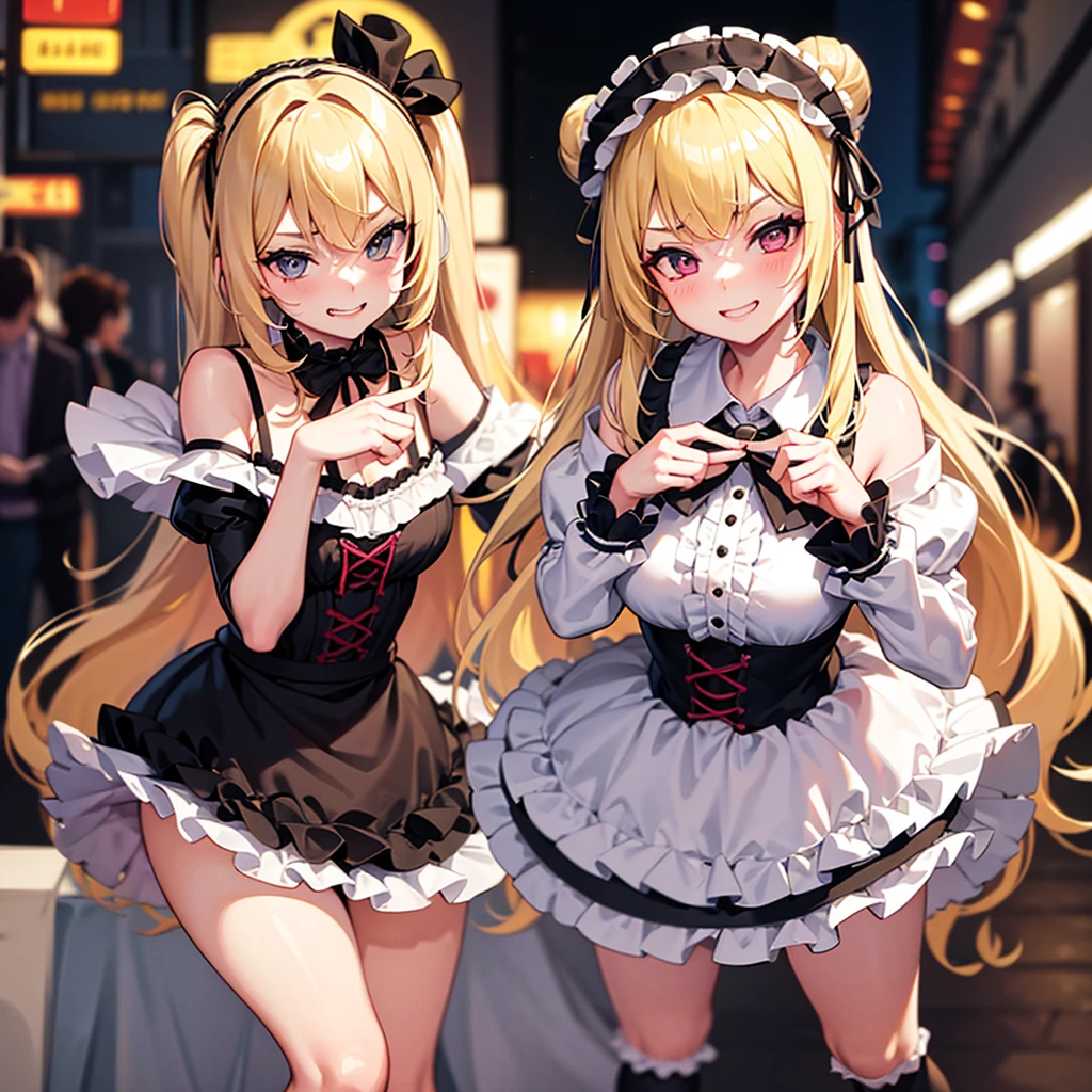 NSFW,masterpiece,Highest quality,High resolution,Very detailed,Golden Darkness\(To Love-Ru\),Blonde,Red eyes,long hair,Two Side Up,Small breasts,Black Dress,Sleeveless,Removable sleeves,belt,Cleavage cutout,Cutouts for clothes,Thigh straps,Knee socks,hair ornaments,(Lustful face),Glare,blush,Are standing,Nightlife,In town