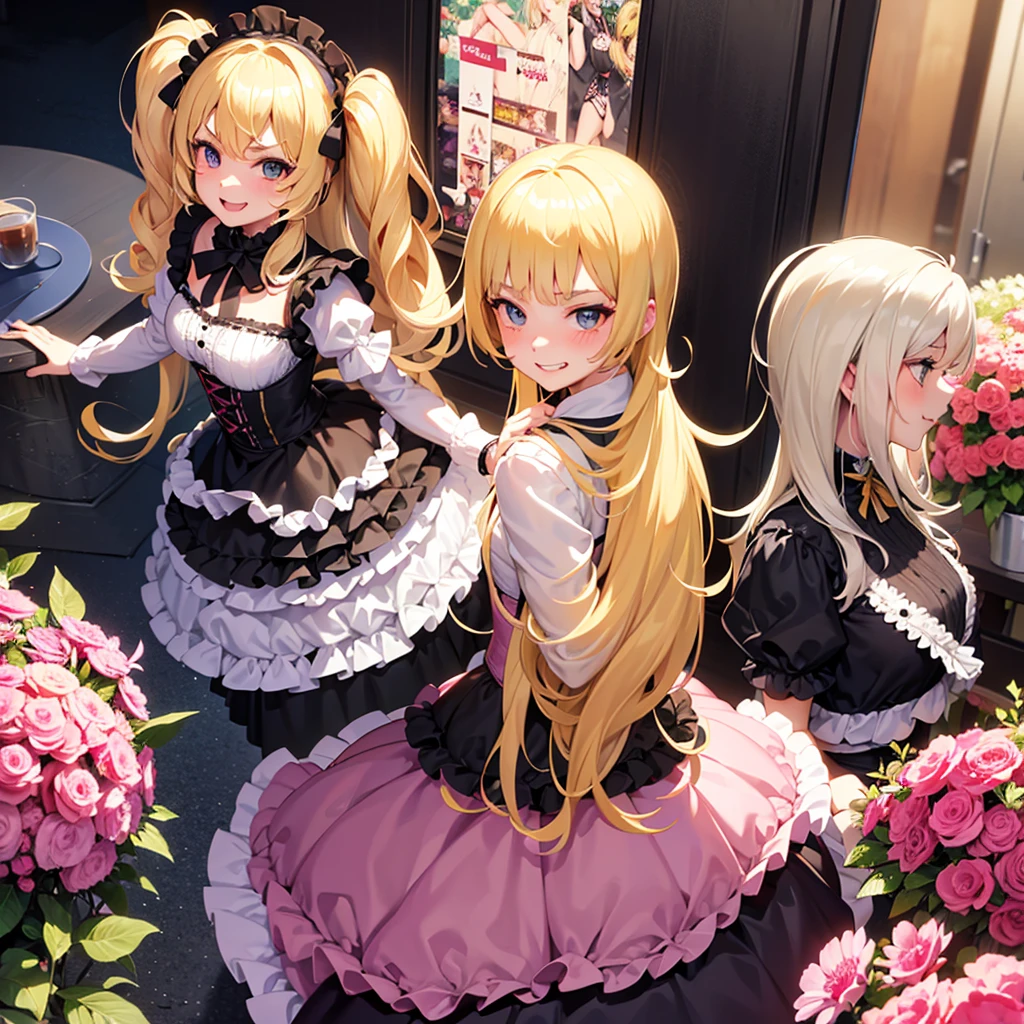 Girl,Blonde,It was like making fun of people.,Lolita Fashion,Mocking a man,Grinning,Saucy,Two legs,Two hands,Sneer,