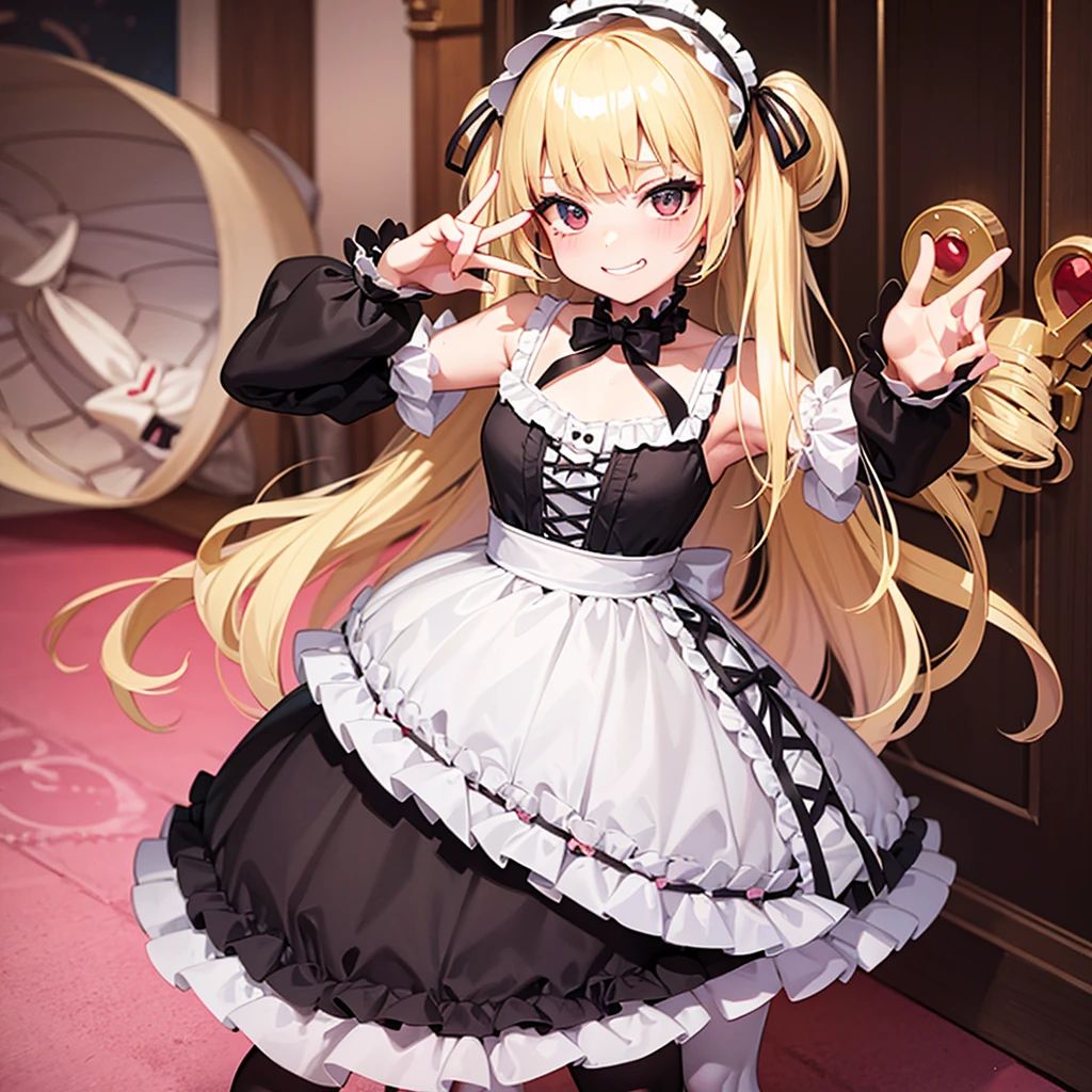 Young Girl,Blonde,It was like making fun of people.,Lolita Fashion,Mocking a man,Grinning,Saucy,Two legs,Two hands,Sneer,