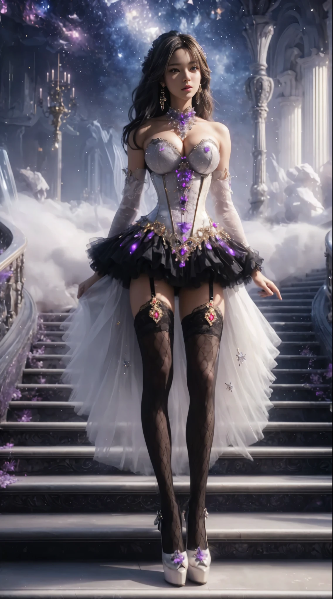 An woman with loose hair, standing on the stairs in the middle of a magical atmosphere, with a predominantly white and black dress, a strapless bustier corset-style dress decorated with bright purple jewels, a short tutu skirt, black thigh-high stockings with lace tops and ornaments purple jewels, white high heels with gold decoration, grand staircase background under mysterious sky full of stars and celestial bodies, hyper realistic, hyperdetail, detail clothing, masterpieceTransparent clothing, masterpiece, best quality:1.2),,(8k,highres,RAW photo,realistic,photo-realistic:1.3),(detailed skin texture,detailed cloth texture,detailed flame texture, beautiful detailed face:1.25),professional lighting,photon mapping,beautiful soft light,radiosity,physically-based rendering,raytracing, model shoot style, model shoot style, (extremely detailed CG unity 8k wallpaper), full shot body photo of the most beautiful artwork in the world