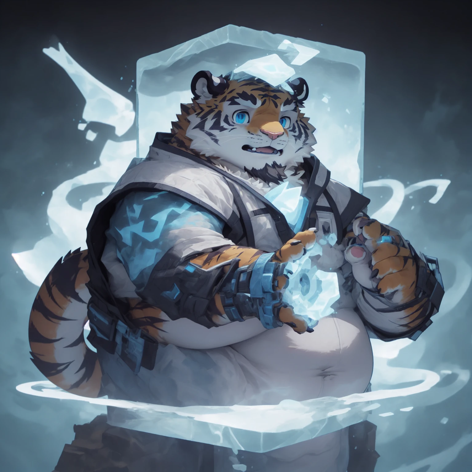 New Jersey 5 Furry,Tiger,portrait,Exquisite, Chubby,Fat,Thick arms,Rugged muscles,plush fur,Chubby脸,Black eyebrows,Sky blue eyes,Beard,Trans-dimensional Costume,Huge high-tech cube matrix building,Blue energy light,Three-body civilization,Sea of stars
