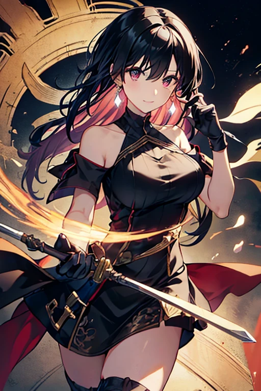 yor briar, anime style beutiful woman, 1girl, happy, sexy pause,(with sparkling eyes and a contagious smile:0.9),red face, closed mouth, beautiful detailed eyes, super detailed skin, backlighting, bare shoulders, black background, black dress, black gloves, black hair, breasts, dress, earrings, fingerless gloves, floating hair, floral print, flower, gloves, gold earrings, gold hairband, hair flower, hair ornament, hairband, holding, holding weapon, jewelry, large breasts, long hair, looking at viewer, off-shoulder dress, off shoulder,red eyes, short hair with long locks, sidelocks, solo, spikes, thighs, two-sided dress, two-sided fabric, weapon, fighting stance , face, close up, from above, highest quality, looking at viewer,high resolution.