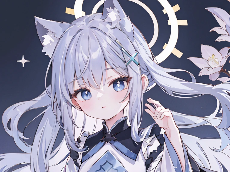 shiroko_bluearchive,beast ears,(masterpiece,Best quality:1.2),Implications,absurd,high resolution,Very detailed,1 ,eyes highlights,Hanfu,straight dress,Fluffy short sleeves,Frills,appearance,flowering,fluttering petals,Upper part of the body,(moon:1.2),night,Depth of Field,(:morality:0.8),looking at the sky, the background is a beach under the sky that is full of stars