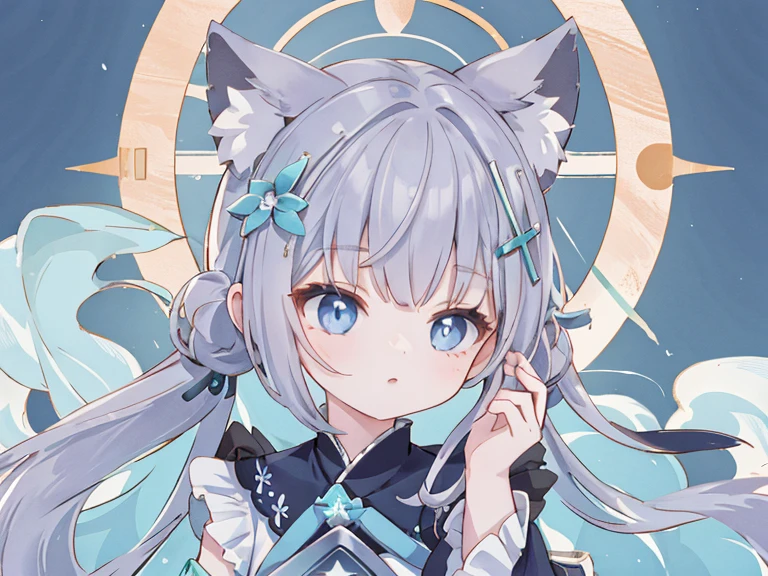 shiroko_bluearchive,beast ears,（masterpiece，Best quality：1.2），Implications，absurd，high resolution，Very detailed，1 ***********，eyes highlights，Hanfu，straight dress，Fluffy short sleeves，Frills，appearance，flowering，fluttering petals，Upper part of the body，（moon：1.2），night，Depth of Field，（:morality：0.8），looking at the sky, the background is a beach under the sky that is full of stars