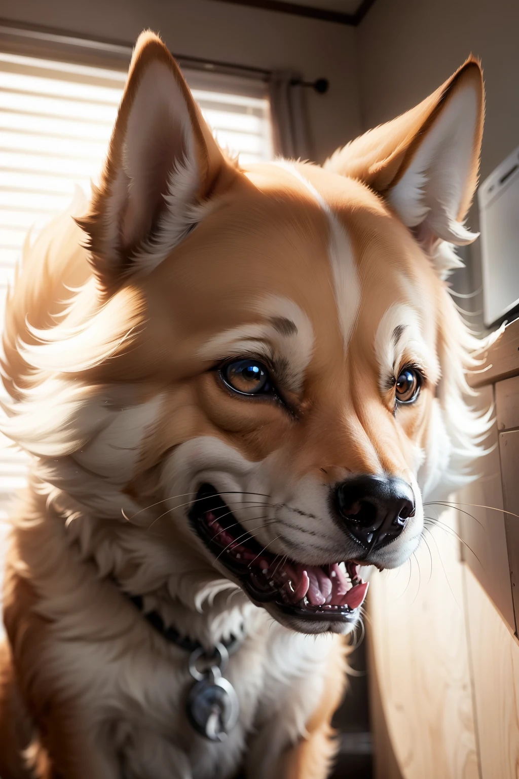 A loyal canine with bright, alert eyes and an expressive snout, its tail wagging enthusiastically as it lets out a series of playful barks, inviting companionship or signaling an impending arrival.