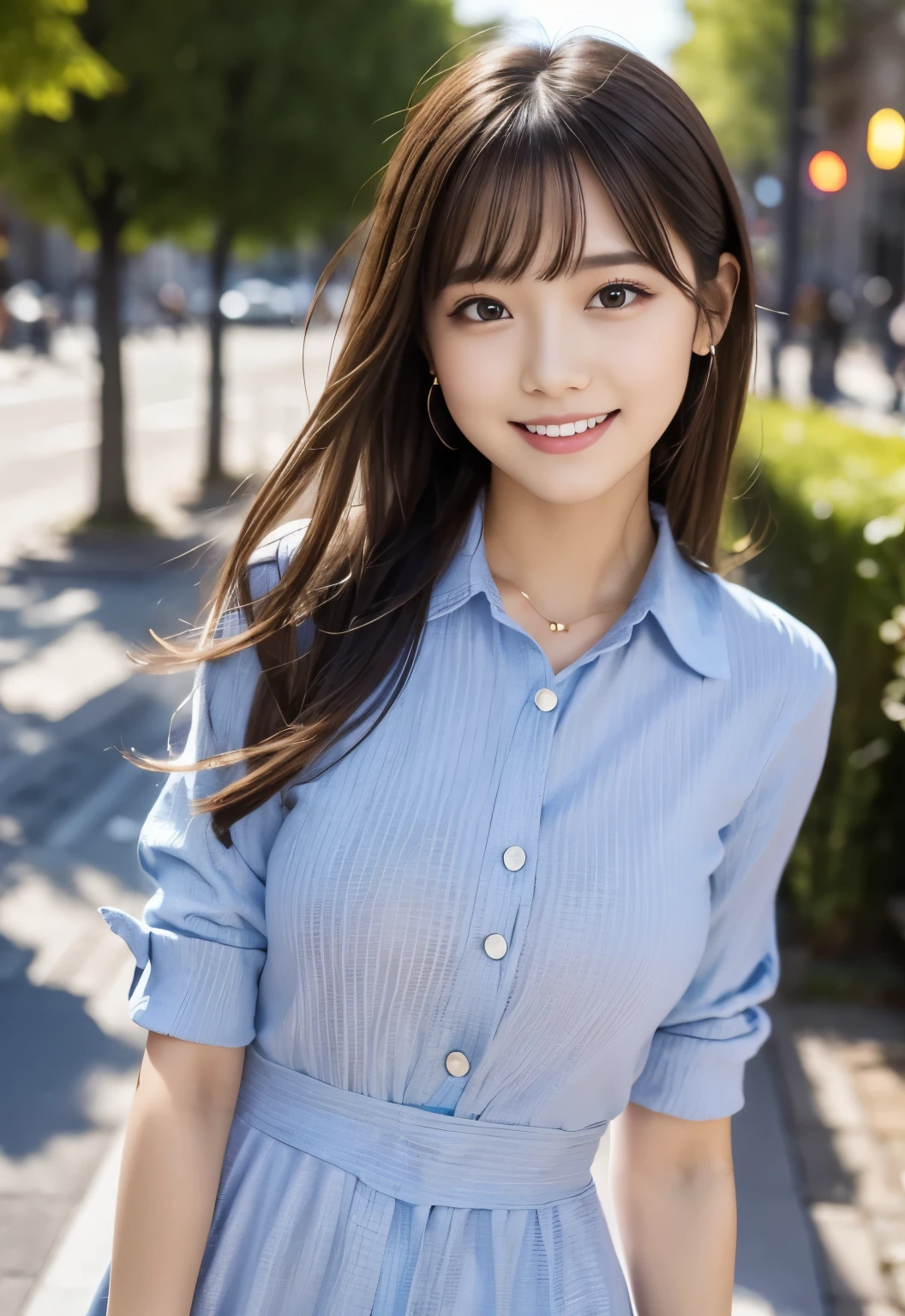 masterpiece, best quality:1.1), (8k, raw photo, photo realistic:1.2, f22), (shiny skin), detailed skin,long hair,detailed face, detailed eyes,smile,BREAK, real world, intricate details, smil, BREAK, 1girl, (purple,check pattern,shirt dress),BREAK, (city:1.4), BREAK