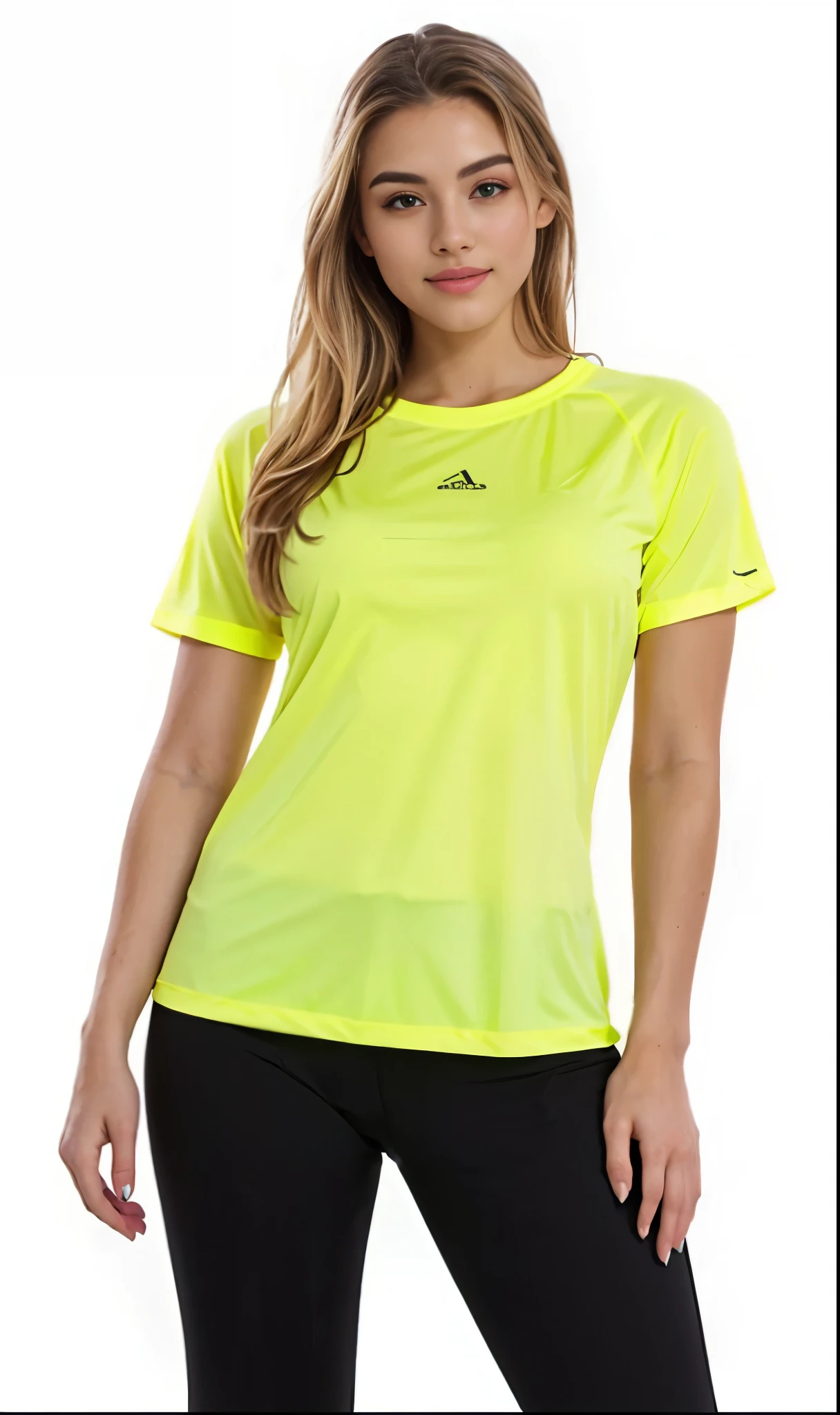 a woman in a amarelo shirt and black pants posing for a picture, roupas esportivas, roupas esportivas, wearing a modern amarelo tshirt, (neon colors), camiseta esportiva, Green Lemon, Manga curta, camisa de malha, vestindo uma camiseta muscular, vestindo roupas de alta visibilidade, Usando equipamento de fitness, amarelo clothes, verde neon, wearing a volleyball shirt, amarelo, colorful neon
