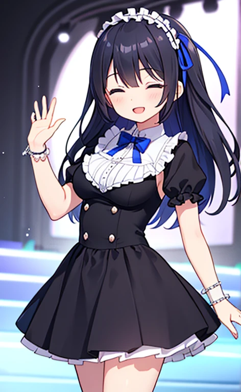 (masterpiece:1.4、top-quality、illustration:1.4,realistic、)、(character focus、breast focus,cowboy shot:1.3)、(1girl),(Open mouth happy smile:1.3),(half closed eyes),cute face,blue eyes、()、
,(stand:1.4),(Shining smile),
,(slender),(idol clothes:1.3),(black middle hair:1.6,),(hair ribbon1.3), (medium breasts:1.3)、stage
、slender、